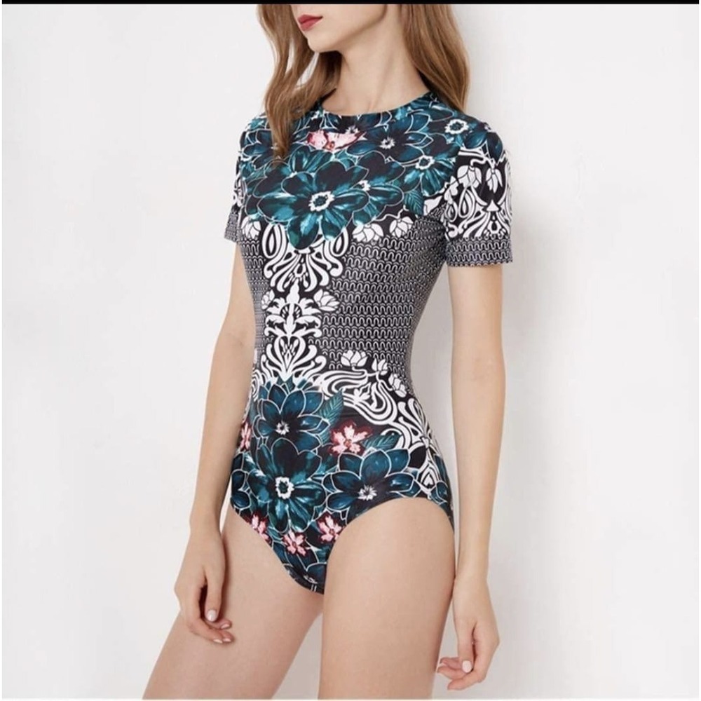Floral Geometric Short Sleeve One Piece Swimsuit Rash Guard Teal Black White 2XL
